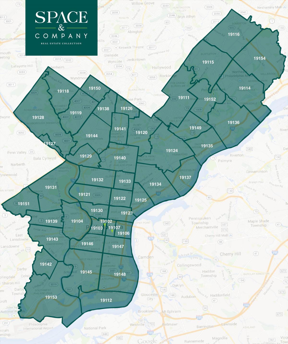 karta okolice Philadelphiji i zip kodove